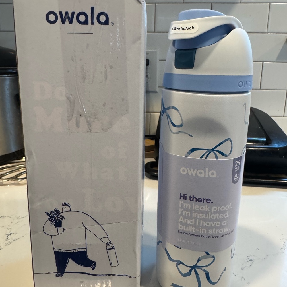 Owala Blue and White Bow Insulated Water Bottle